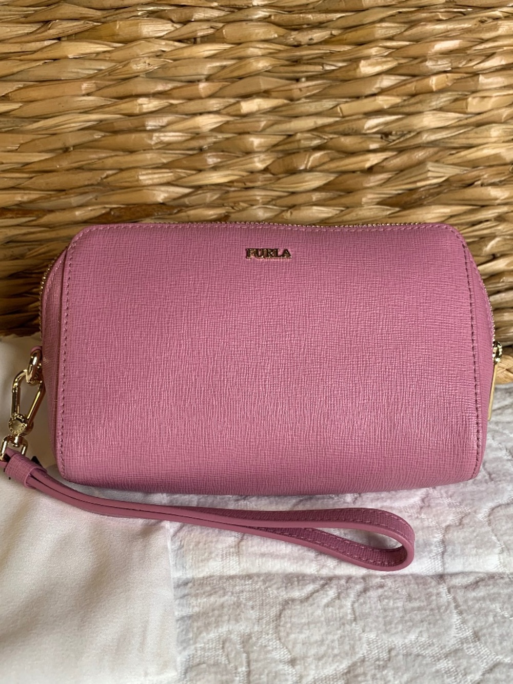 Furla-pink berry colored wallet/wristlet handbag NEW zipper bag